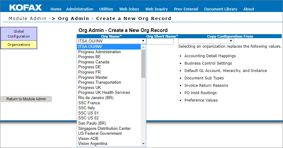 Create a new organization record Create a new organization record