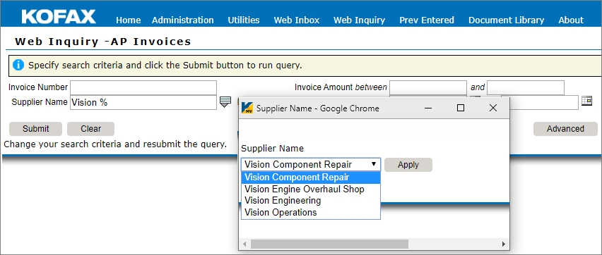 Web Inquiry search results