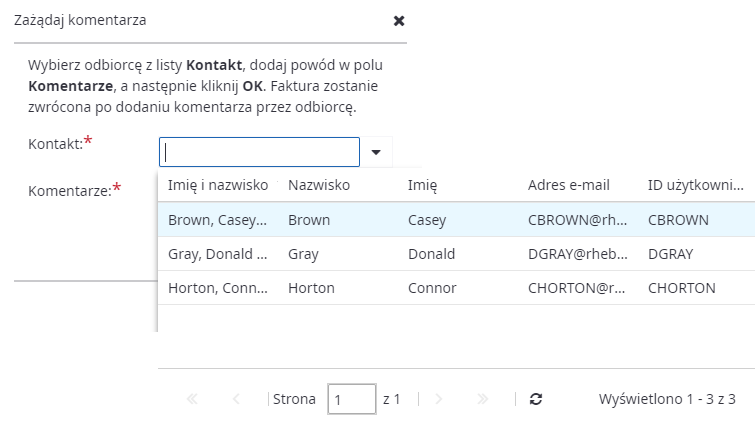 Działanie Zażądaj komentarza