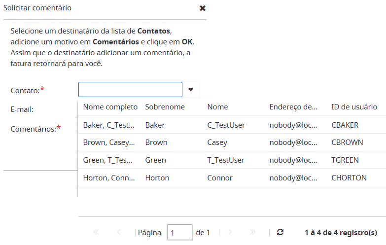 Ação Solicitar comentário