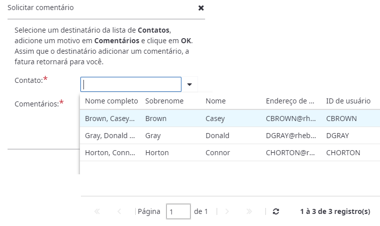 Ação Solicitar comentário