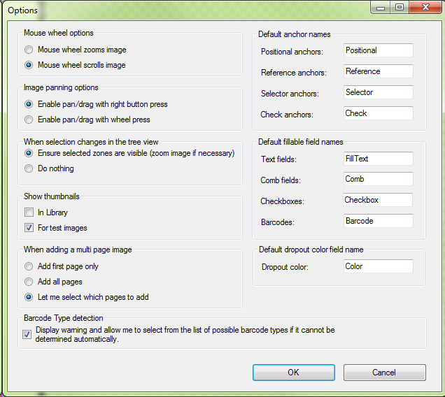 Options window