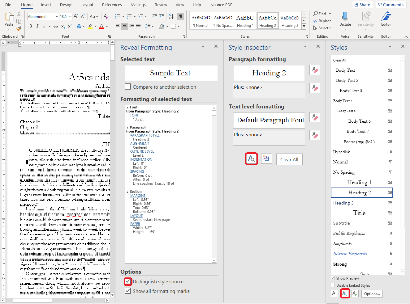 Reveal Formatting pane with style and style source details