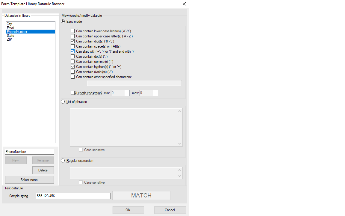 Form Template Library Datarule Browser dialog box