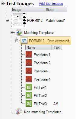 Test image with matching template, data extracted