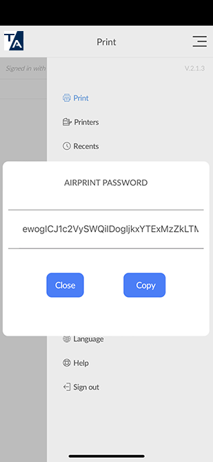 AirPrint password example