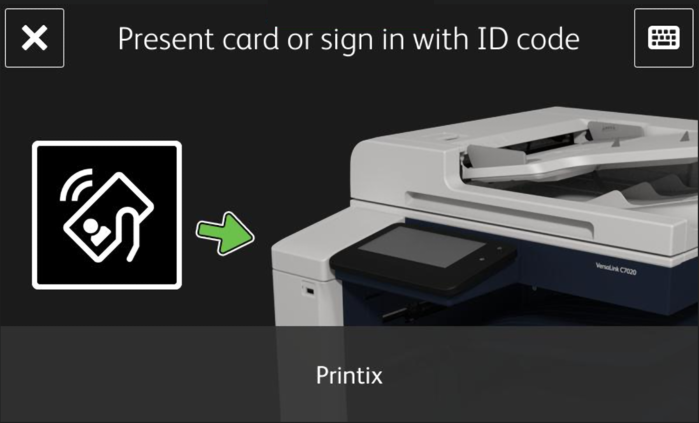 Xerox touchscreen / Sign in with card or ID code