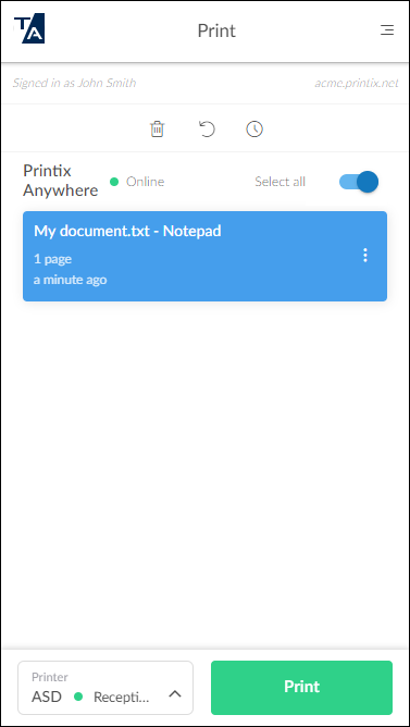 Printix App Print page / Print Anywhere