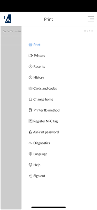 Printix App menu