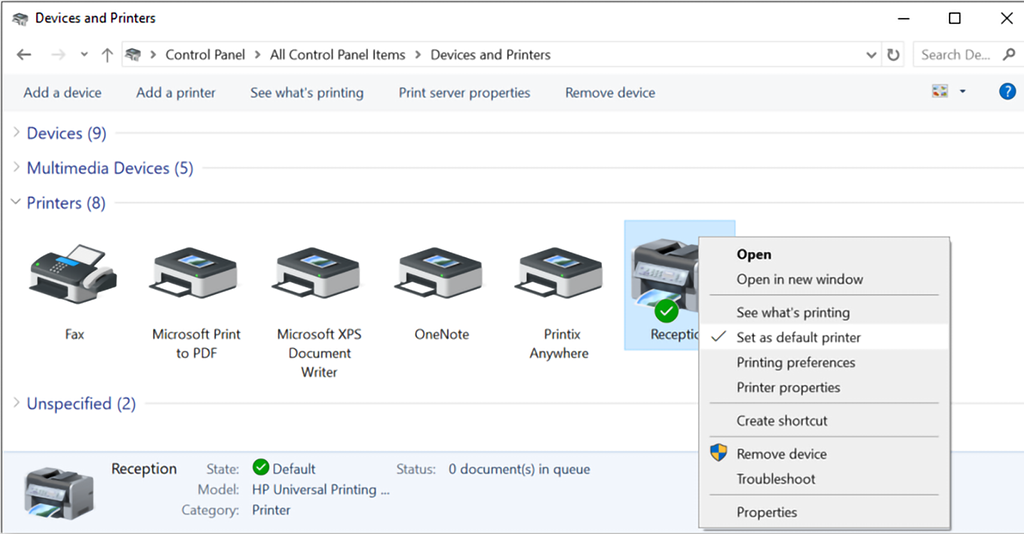 Setting default printer from the Control Panel