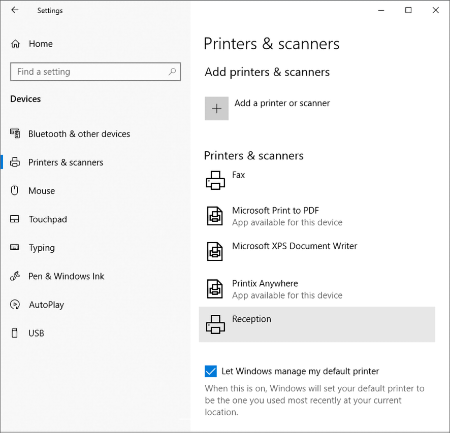 Printers and scanners page on Windows 10