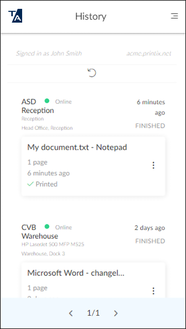 Utskrifthistorikk i Printix-appen