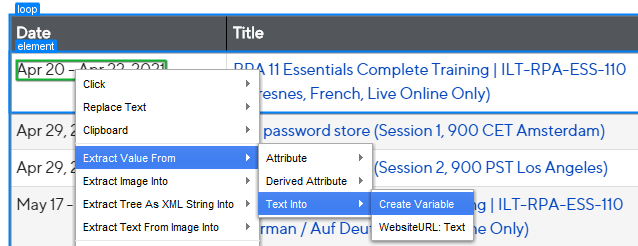 Inserting an action to a loop by right-clicking an element in the Automation Device View