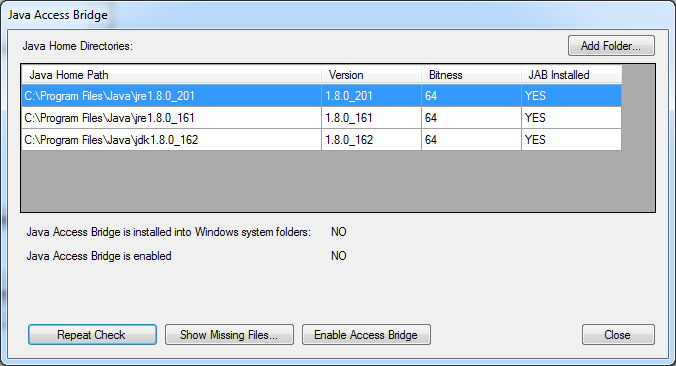 Java Access Bridge dialog box to check the proper installation of Java Access Bridge