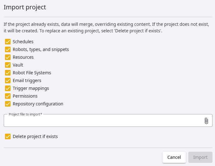 Import project dialog