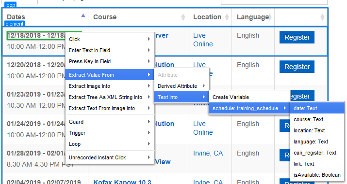 Inserting an action to a loop by right-clicking an element in the Automation Device View