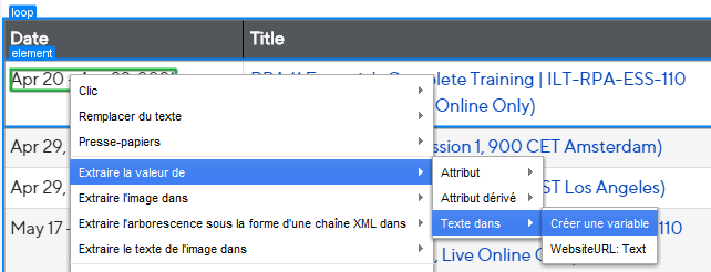 Insertion d'une action dans une boucle en cliquant avec le bouton droit de la souris sur un élément dans la vue Dispositif d'automatisation