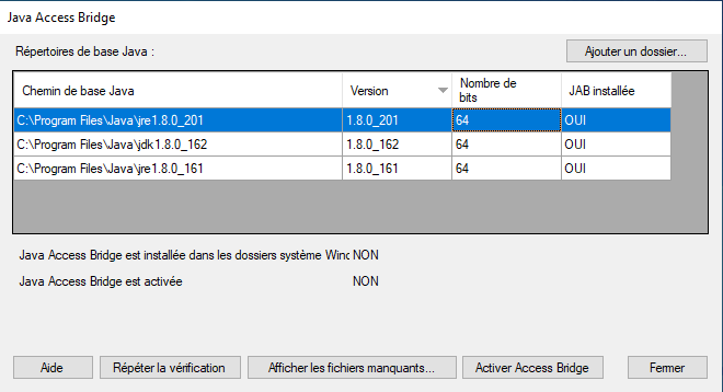 Boîte de dialogue Java Access Bridge pour vérifier l'installation de Java Access Bridge