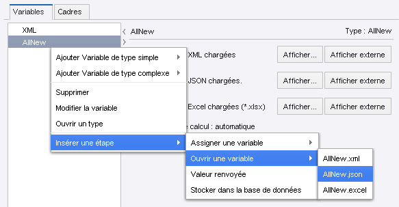Insertion d'une activité de l'étape Ouvrir une variable à partir de la vue des variables Insertion d'une activité de l'étape Ouvrir une variable à partir de la vue des variables