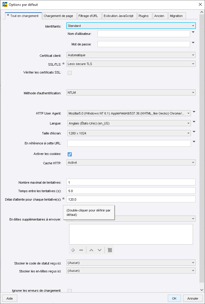 Options par défaut, Tout en chargement Options par défaut, Tout en chargement