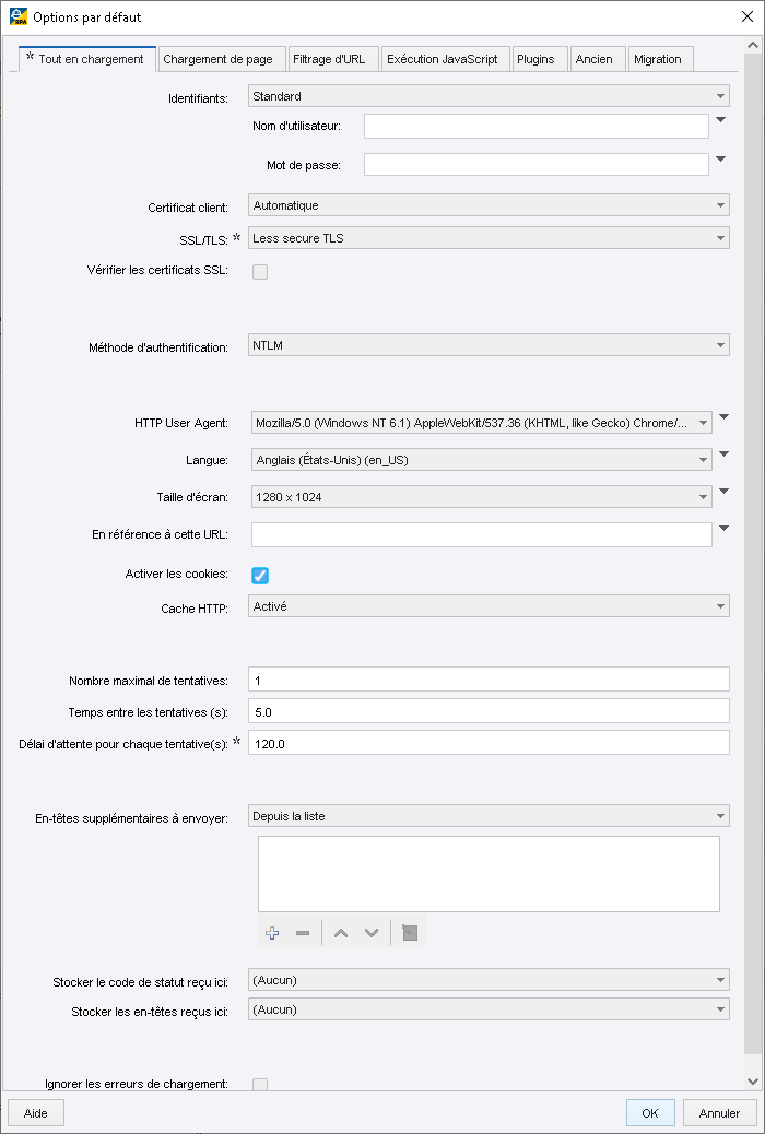 Options par défaut Options par défaut