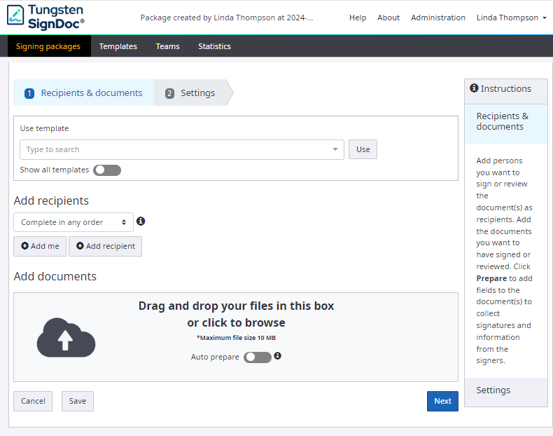 Signing package page