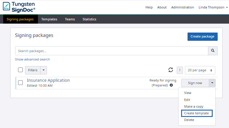 Create template in signing packages view Create template in signing packages view