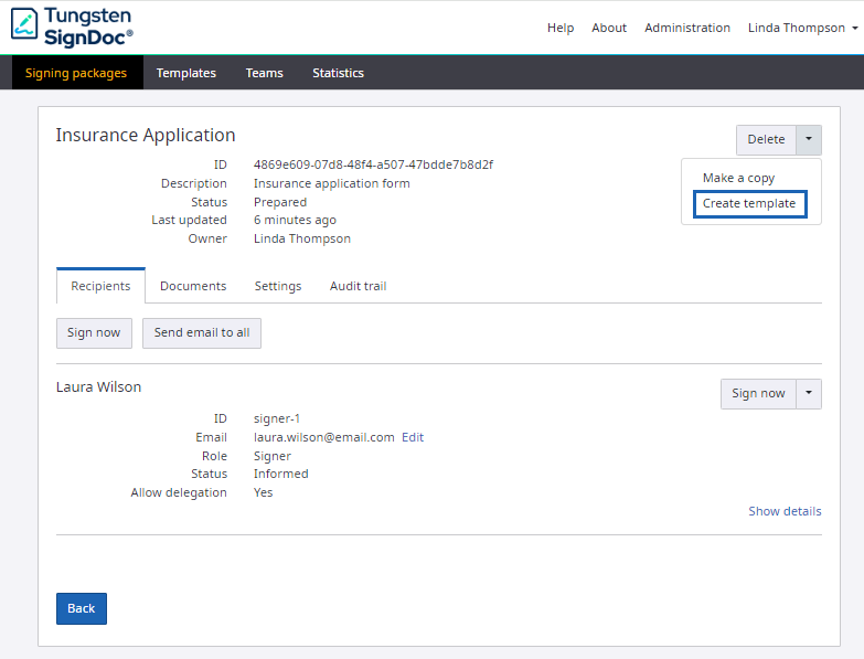 Create template in signing packages details view Create template in signing packages details view