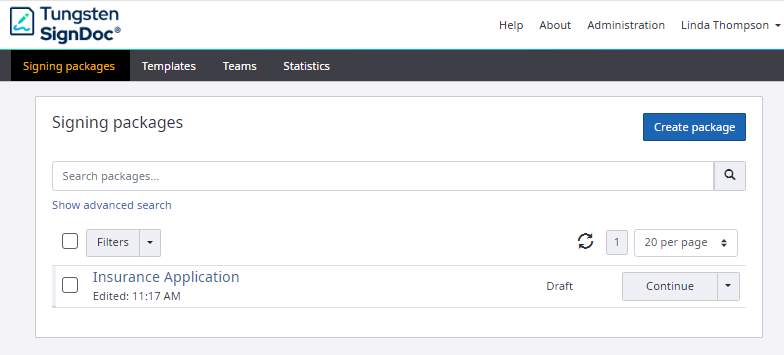 Signing package saved as a draft