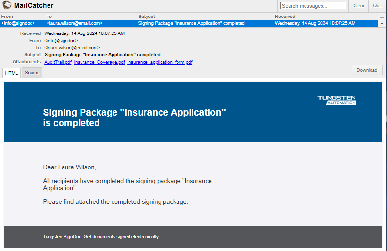 Signing package completed email