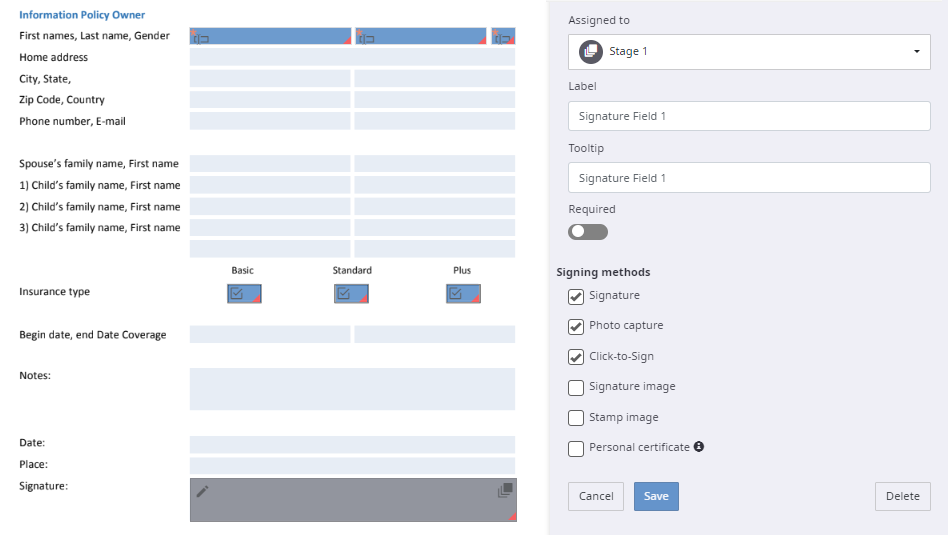 Fields assigned to a stage