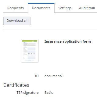 Documents section with TSP signature