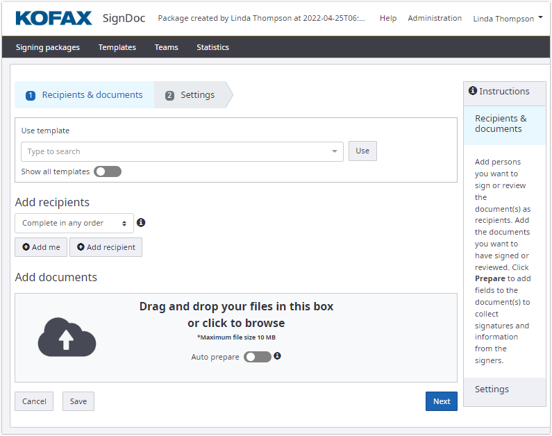 Signing package page