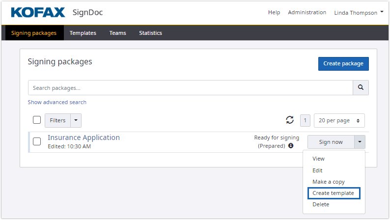 Create template in signing packages view Create template in signing packages view