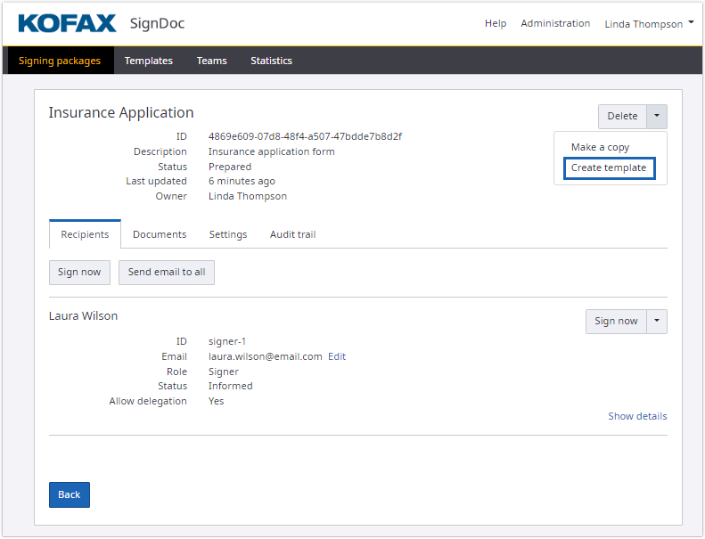 Create template in signing packages details view Create template in signing packages details view