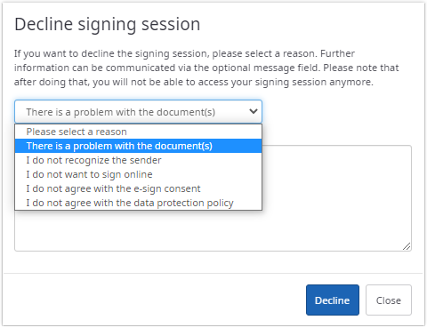 Decline signing session reason
