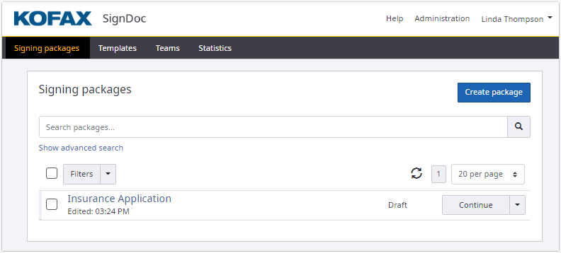 Signing package saved as a draft