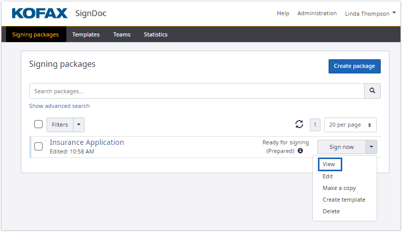 Signing packages page