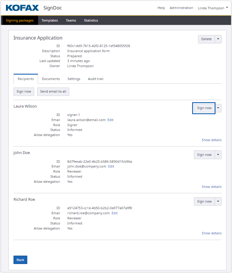In-person signing for a single signer