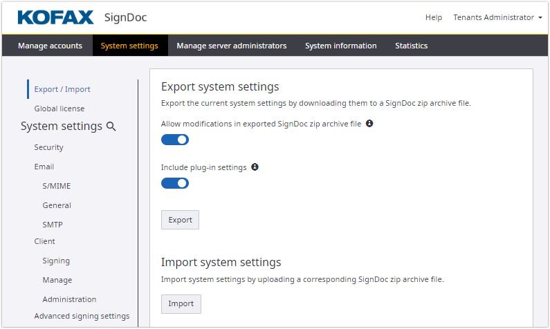 Export / Import page