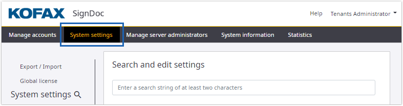 System settings menu