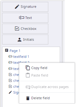 Context menu of a field in the left sidebar
