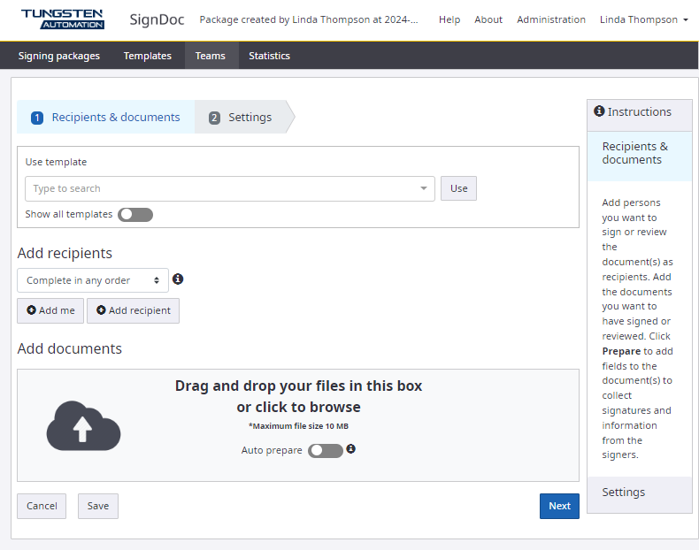Signing package page