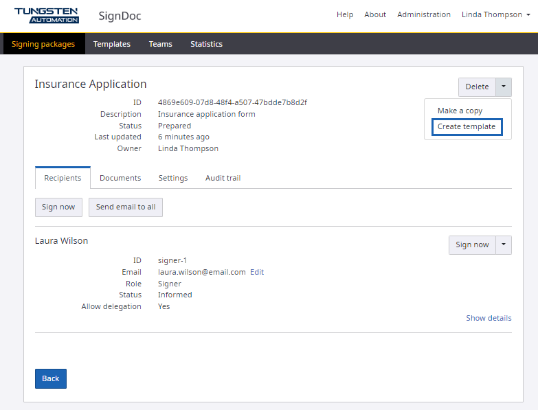 Create template in signing packages details view