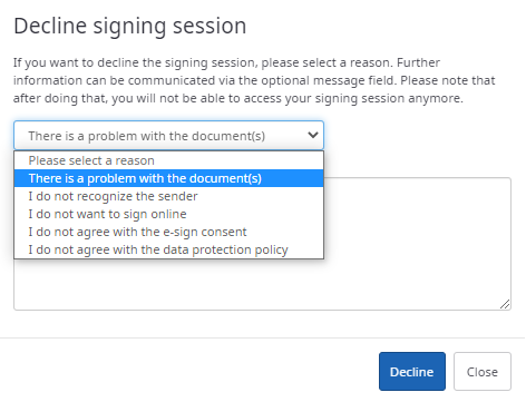 Decline signing session reason