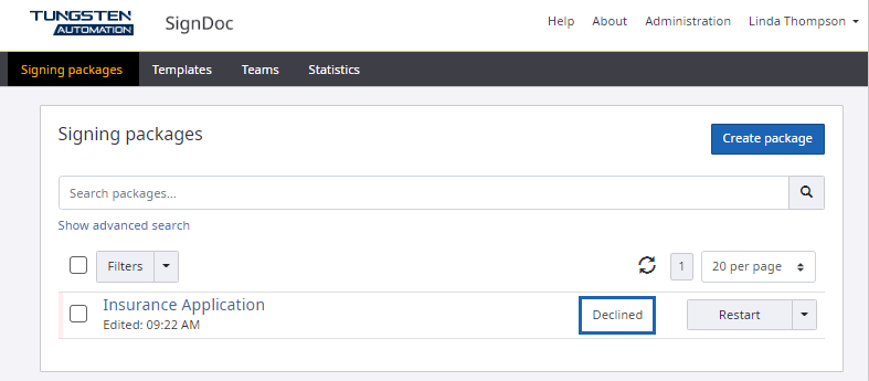Declined signing session status