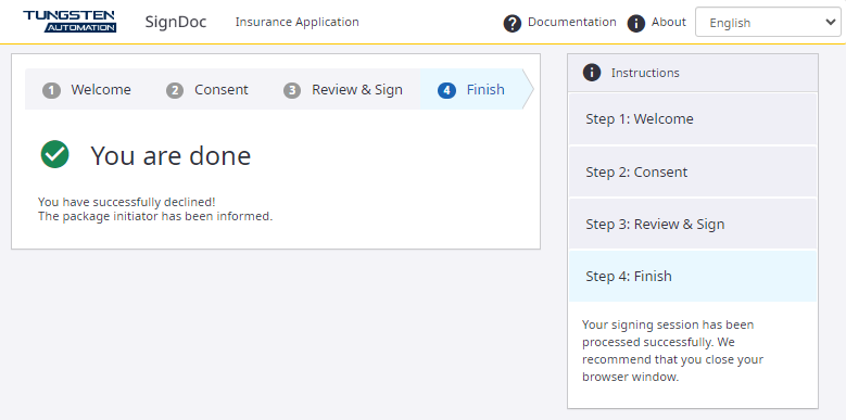 Declined signing session message