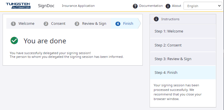 Delegated signing session message