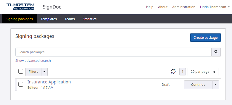 Signing package saved as a draft