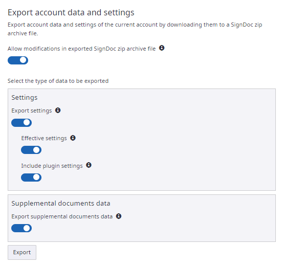 Export account data and settings